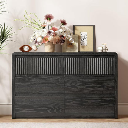 LYNSOM 6 Drawer Dresser for Bedroom, 50" Wide Fluted Dresser with Curved Corners, Wood Dressers & Chests of Drawers with Dual-Panel Design for Bedroom, Entryway, Black