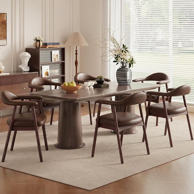 MALOL Leather Dining Chair with Armrest Set of 6, Upholstered Dining Room Chair with Curved Back and Wood Legs, Mid Century Modern Kitchen Chairs for Kitchen Dining Room,Dark Brown