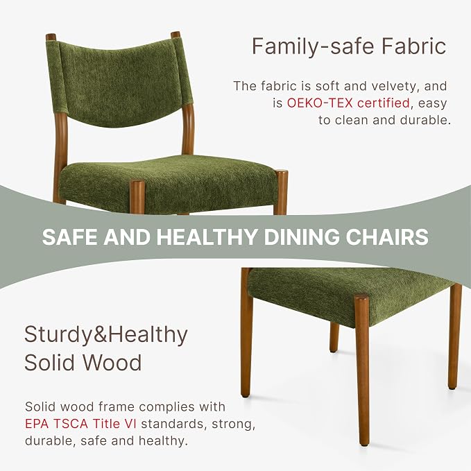KISLOT Upholstered Dining Chairs Set of 6, Solid Wood Armless Kitchen Chairs with Soft Polyester Fabric, 18.9" Seat Height, Modern Dining Room Seating, 300 lbs Capacity, Green
