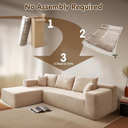 ovios 104" Cloud Boneless Couch with L-Shape Chaise,Modern Sectional Modular Sofa with Deep Seat, Upholstered Couches for Living Room Bedroom,No Assembly Required, Beige (Plush Corduroy Fabric)
