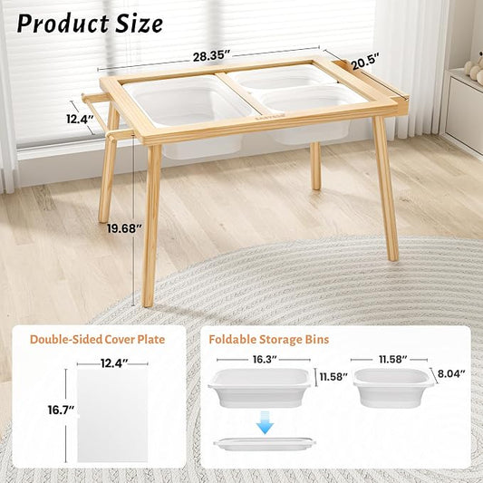 Easyego Wooden Sensory Table – Multifunctional Sand & Water Table with Double-Sided Lid, Paper Roll, Storage Box, Transparent & Game Board, and Foldable Bins for Kids' Indoor & Outdoor Play