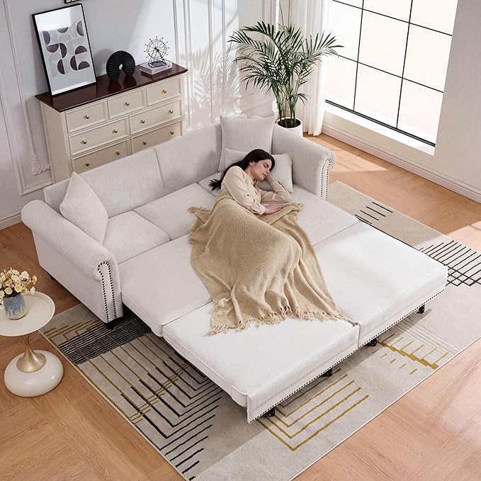 KEIKI 3 in 1 Classic Modern Convertible Sofa Bed King Size Pull Out Sleeper with Rolled Arm Nailhead Trim, Chenille Fabric Sturdy Frame 600 lbs Capacity for Living Room Apartment Office, Green