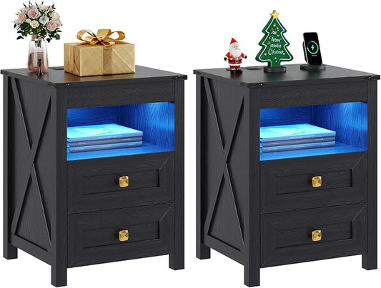 TAGELIER Night Stand Set 2 with Gun Drawer, Farmhouse Bedside Table with Charging Station, Gun Nightstand with LED Light & Human Sensor, Smart End Table for Bedroom, Black