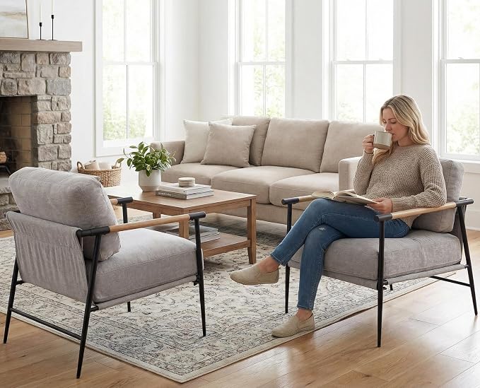 DUOMAY Mid-Century Modern Accent Chair Armchair Set of 2, Soft Linen Fabric Sofa Lounge Chair Reading Chair with Metal Leg for Living Room Bedroom Office, Grey
