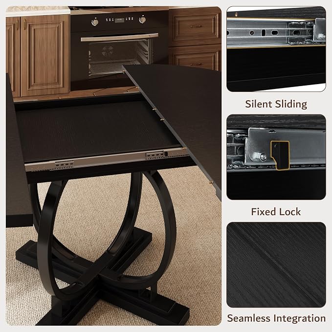 iPormis 59'' Extendable Round Dining Table for 4 to 6, Oval Kitchen Table with Sturdy X-Base Metal Legs, MDF Board with Backboard Clasp, Space Saving, Easy Assembly, Kitchen Dining Living Room, Black