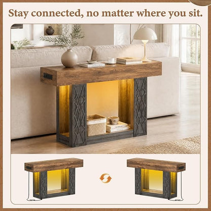Unikito 47" Console Table with Outlets & LED Lights, Farmhouse Entryway Table with Unique Geometric Pattern, Sofa Table Behind Couch with 2-Tier Storage for Living Room, Hallway, Foyer, Grey & Brown