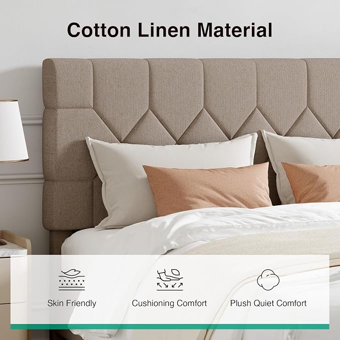 Novilla Full Size Bed Frame, Full Bed Frame with Wood Slats Support, Linen Upholstered Pull-Point Headboard, No Box Spring Needed, Metal Support Heavy Duty Feet, Easy Assembly, Beige