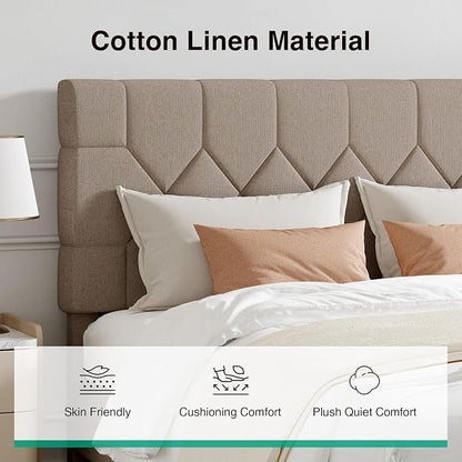 Novilla Full Size Bed Frame, Full Bed Frame with Wood Slats Support, Linen Upholstered Pull-Point Headboard, No Box Spring Needed, Metal Support Heavy Duty Feet, Easy Assembly, Beige