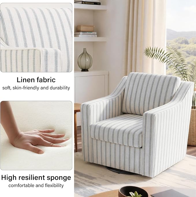 Swivel Accent Chair, Modern Round Barrel Arm Chair for Living Room, Bedroom, Comfy Club Reading Chairs for Adults (Pinstripe Light Blue, Set of 2)