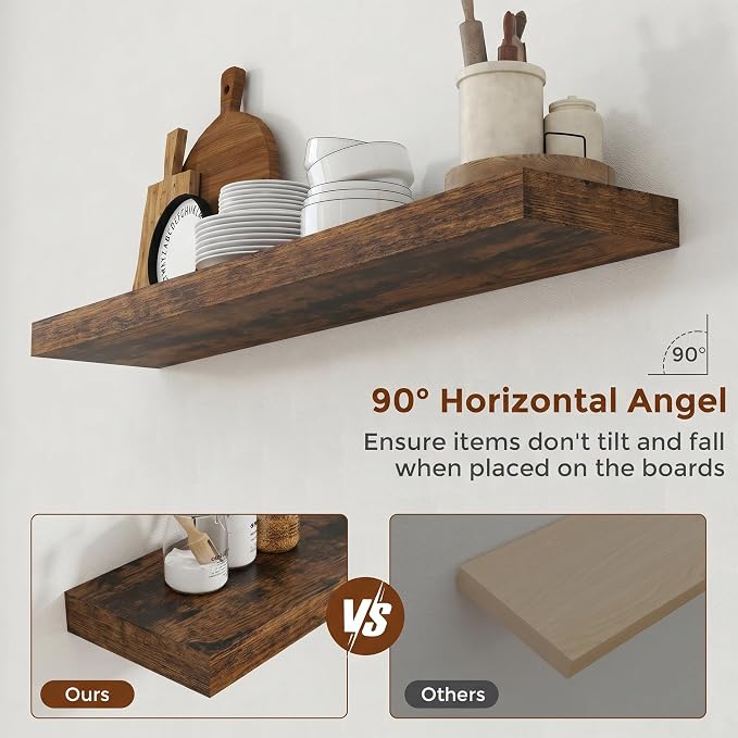 Heimlove 44 Inch Floating Shelves for Wall 8 Inch Deep Rustic Brown Shelves Set of 2,Wall Mounted Rustic Wood Long Floating Shelf，Large Display & Storage Shelf with Invisible Brackets
