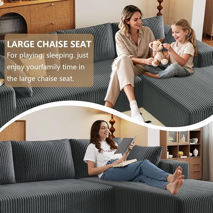 96" Modular Sectional Couch, Boneless L Shaped Cloud Sofa with Chaise Lounge, Corduroy Upholstered Couches Memory Foam Deep Seat, No Assembly Required, Ideal for Living Room(Dark Gray, Right Facing)