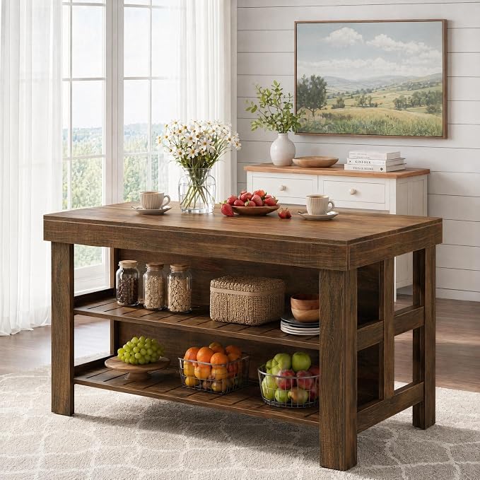 Tribesigns 55.1-Inch Kitchen Island with Seating and Storage, 3-Tier Large Farmhouse Island Table with Large Countertop and Leg Room for Kitchen Dining Room (deep Brown)
