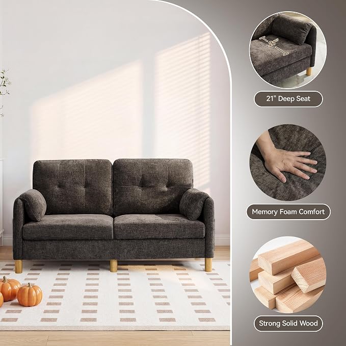 65" Loveseat Sofa, Mid Century Loveseat Couch for Living Room with Storage Pockets, Upholstered Small Loveseat for Small Spaces, Bedroom, Home Office, Apartments, Small Sofa Chenille Brown