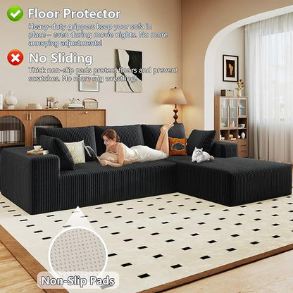 96" Modular Sectional Sofa, Modern Corduroy Cloud Couch with Deep Seat, Boneless Couch Upholstered 3-Seater L-Shaped Sofa for Living Room, No Assembly Required (Black, Right-Facing Chaise)