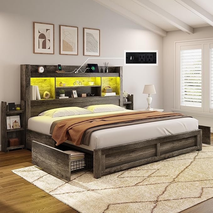 AMERLIFE California King Size Bed Frame with 4 Storage Drawers, LED Bed Frame with 49.6" Tall Bookcase Headboard, Wood Platform Bed with Charging Station & 2 Slide Bedside Shelf, Rustic Grey