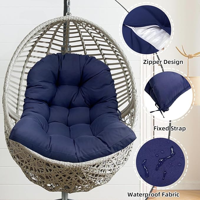 Hanging Egg Chair Cushions Outdoor Non Slip Waterproof Egg Chair Cushion 47 * 35" for Patio Balcony Thick Indoor Wicker Hanging Chair Pad with Ties Khaki