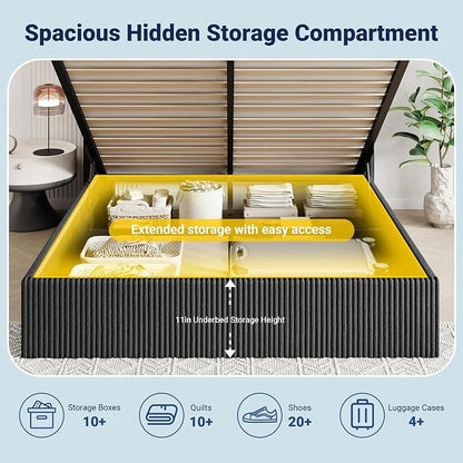 Allewie Full Lift-Up Storage Bed Frame with Modern Wingback Headboard, Corduroy Upholstered Platform Bed, Hydraulic Gas Lift Support, Underbed Storage, Wooden Slats, No Box Spring Needed, Black