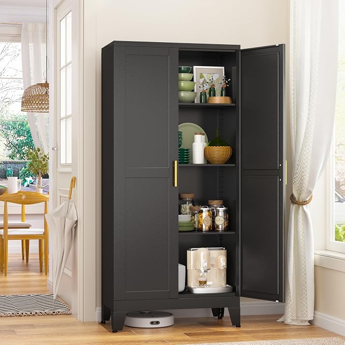 GAIOUS Metal Storage Cabinet With 2 Doors and 3 Adjustable Shelves, Black Kitchen Pantry for Food, Utility Cabinet for Laundry Room, Cupboard