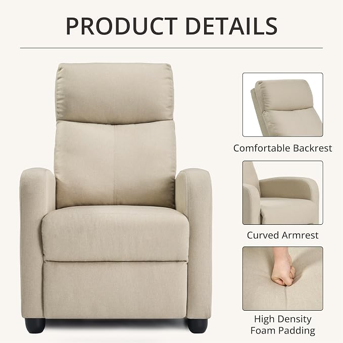 Recliner Chair for Living Room, Modern Adjustable Home Theater Seating Single Sofa Manual Push Back Armchair with Soft Linen Upholstery & High Backrest for Small Spaces, Linen-Cream