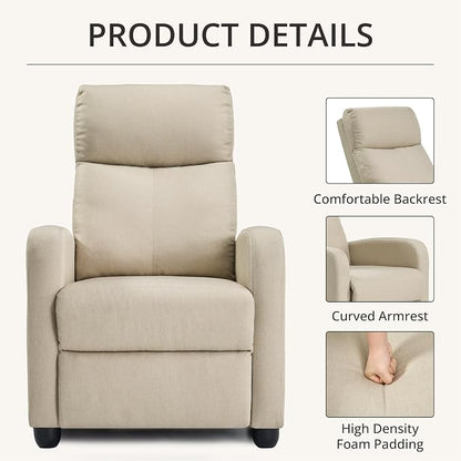 Recliner Chair for Living Room, Modern Adjustable Home Theater Seating Single Sofa Manual Push Back Armchair with Soft Linen Upholstery & High Backrest for Small Spaces, Linen-Cream