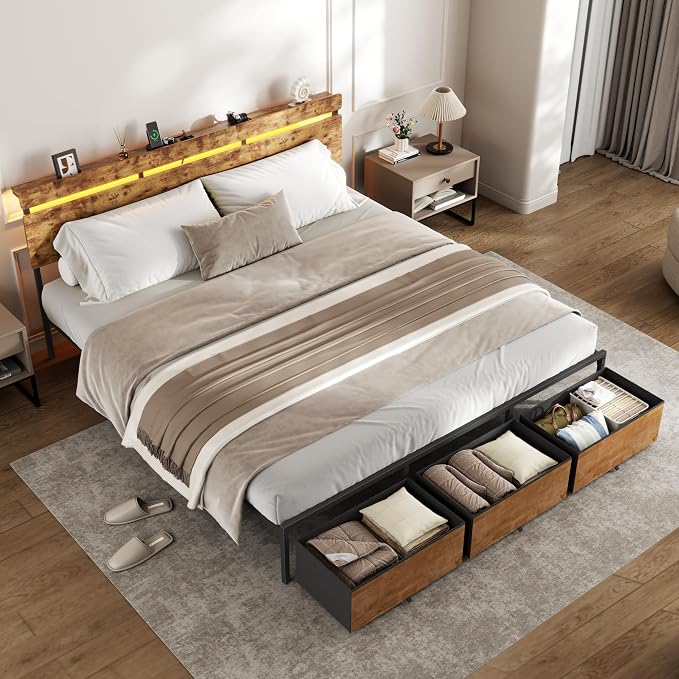 Forestell King Size Bed Frame with Wood Headboard, Metal Platform Bed with 3 Storage Drawers & Shelf, Built-in Charging Station & LED Lights, No Box Spring Needed, Vintage Brown, Camas King