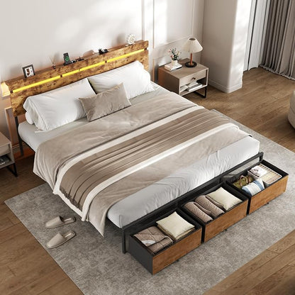Forestell King Size Bed Frame with Wood Headboard, Metal Platform Bed with 3 Storage Drawers & Shelf, Built-in Charging Station & LED Lights, No Box Spring Needed, Vintage Brown, Camas King