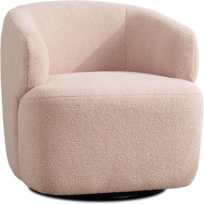 SOFTHION Swivel Accent Chair, Sherpa Teddy Barrel Chair for Living Room, Cozy Round Boucle Arm Chair, Metal Base for Club Nursery Bedroom, Light Blush Pink