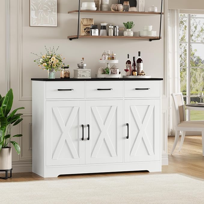 HOSTACK Modern Farmhouse Buffet Sideboard Cabinet, Barn Doors Storage Cabinet with Drawers and Shelves, Wood Coffee Bar with Storage for Dining Room, Kitchen, Living Room, White/Black