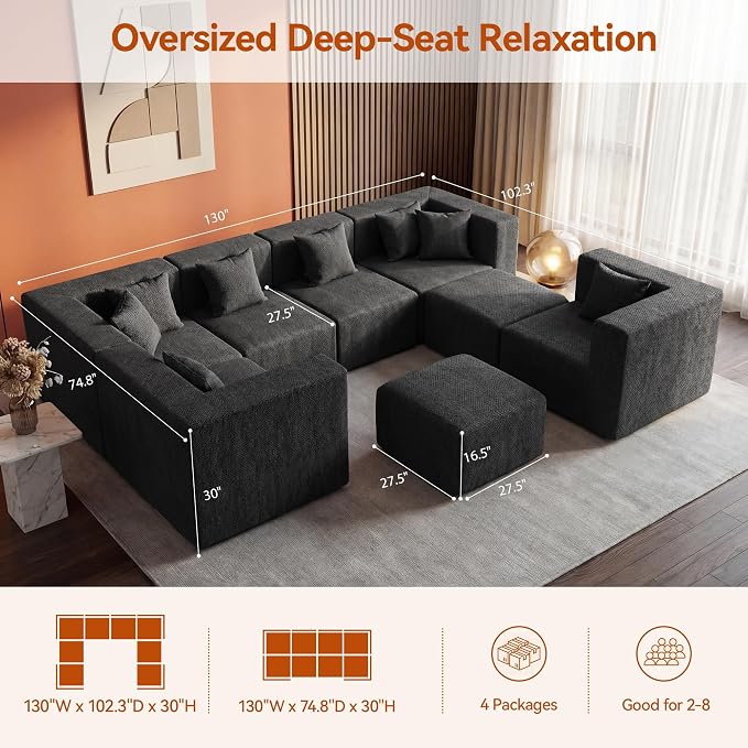 MONVANE Modular Sectional Sofa, Oversized 8 Seat Convertible U Shaped Couch with Ottoman, Comfy Chenille Cloud Couch with Deep Seat, Sectional Couches for Living Room, No Assembly Required, Black