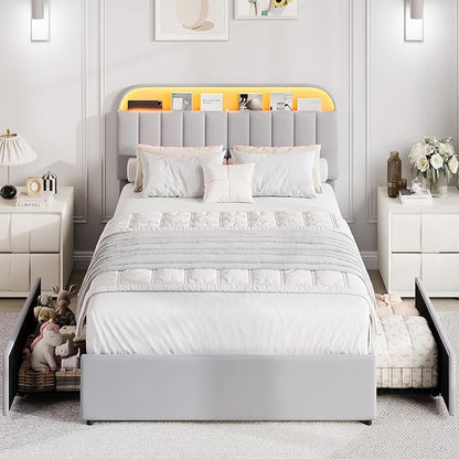 GarveeHome Queen Bed Frame with Storage Headboard, Kids Bed Frame with 2 Drawers, Velvet Upholstered Platform Bed Frame with Lights, No Box Spring Needed, Easy Assembly, Velvet Grey