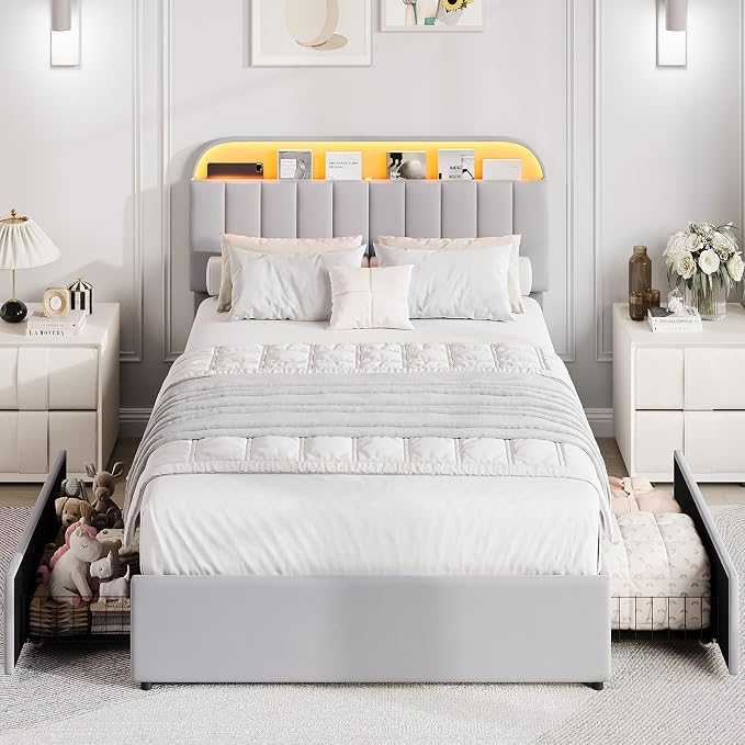 GarveeHome Full Bed Frame with Storage Headboard, Kids Bed Frame with 2 Drawers, Velvet Upholstered Platform Bed Frame with Lights, No Box Spring Needed, Easy Assembly, Velvet Grey