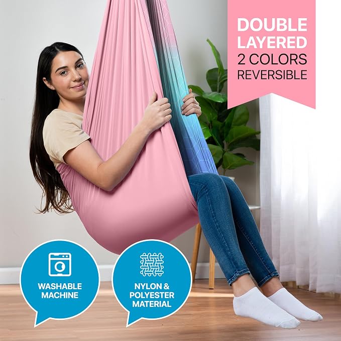 Indoor Sensory Swing for Kids or Outdoor – Holds 300lbs, Double-Layer, & 360° Swivel, Calming Compression Therapy Swing Hammock for Kids & Adults with All Hardware – Sensory-Motor Toys & Gifts
