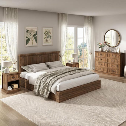 CARPETNAL Farmhouse Dresser and Nightstand Sets for Bedroom, 3 Pcs Bedroom Set, 8 Drawer Dresser & Nightstand Set of 2, Modern Wood Chest of Drawers for Bedroom, Living Room, Entryway, Brown