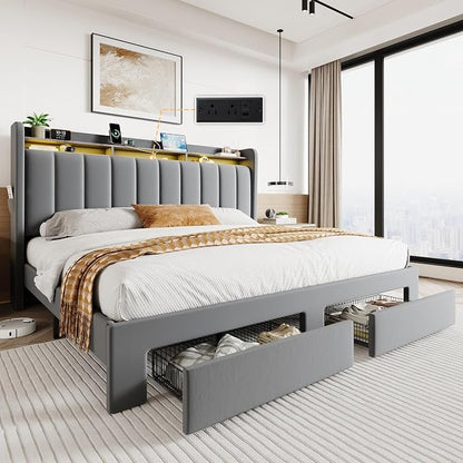 SHA CERLIN Velvet King Size Bed Frame with Vertical Channel Tufted Wingback Headboard & 2 Storage Drawers/2-Tier Shelves with LED Lights & Charging Station/Noise-Free/No Box Spring Needed/Light Grey