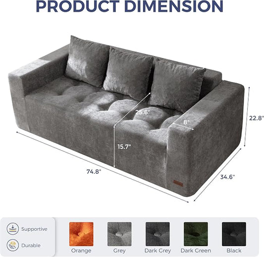 MAXYOYO Modular Sofa Couch, 75" Oversized Loveseat Boneless Cloud Couch with Deep Seat, Chenille Upholstered Living Room Comfy Sofa Chair for Living Room, No Assembly Required, Light Grey