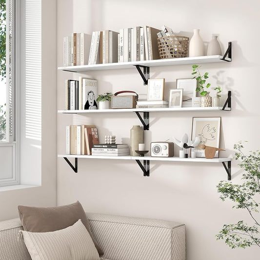 Axeman 24 Inch White Floating Shelves | 8 Inch Deep Wall Shelves Set of 2 | 24''W x 8''D Rustic White Wood Shelves for Bathroom Kitchen Living Room Bookshelf Home Office