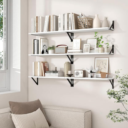 Axeman 48 Inch Floating Shelves | 8 Inch Deep White Wall Shelves Set of 2 | 47.3" W x 8" D Rustic White Wood Shelves for Bathroom Kitchen Living Room