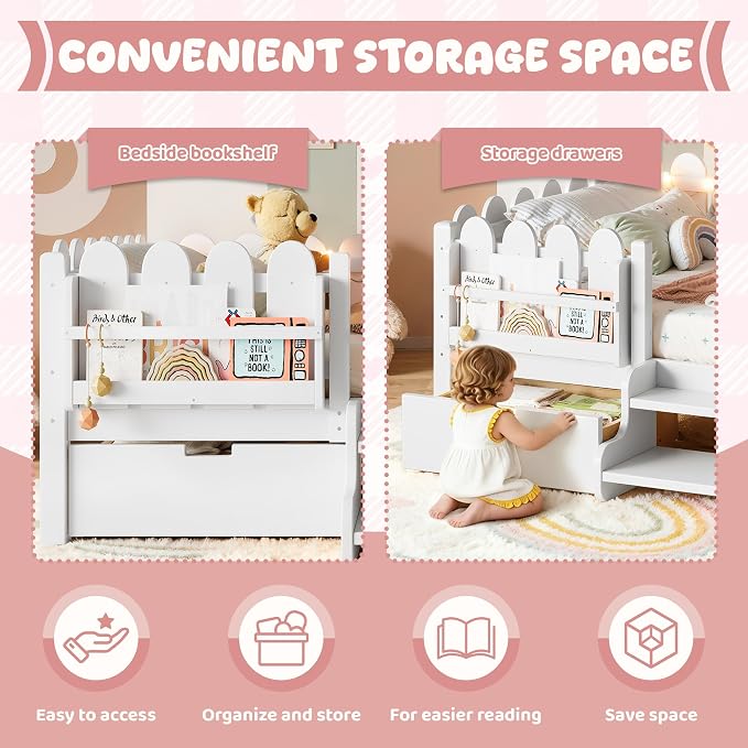 Bellemave Full Kids Montessori Bed with Stairs, Bookshelf and LED Lights, Solid Wood Kids Bed Frame with Storage Drawers for Boys Girls, Low Profile,White