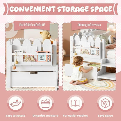 Bellemave Full Kids Montessori Bed with Stairs, Bookshelf and LED Lights, Solid Wood Kids Bed Frame with Storage Drawers for Boys Girls, Low Profile,White