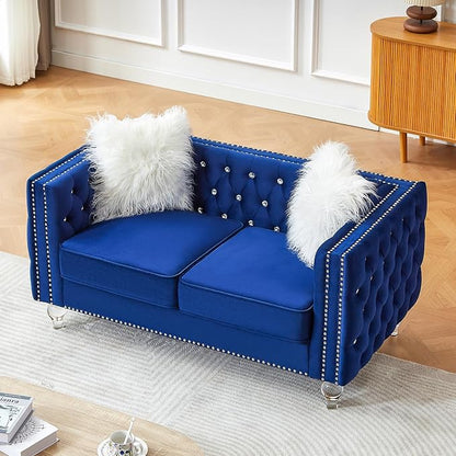 60" Chesterfield Sofa, Velvet Mid-Century Modern Upholstered Loveseat Sofa with 2 Throw Pillows and Acrylic Legs, Nailhead Button Tufted Vintage Couch for Living Room, Apartment, Blue