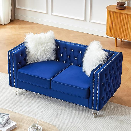 60" Chesterfield Sofa, Velvet Mid-Century Modern Upholstered Loveseat Sofa with 2 Throw Pillows and Acrylic Legs, Nailhead Button Tufted Vintage Couch for Living Room, Apartment, Blue
