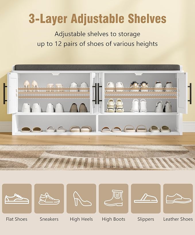 Farmhouse Shoe Storage Bench with Cushion, 47.2" Wide Entryway Bench with Adjustable Shelves and Open Bottom Shelf, Hidden Shoe Cabinet Storage for Entryway, Hallway, Bedroom White