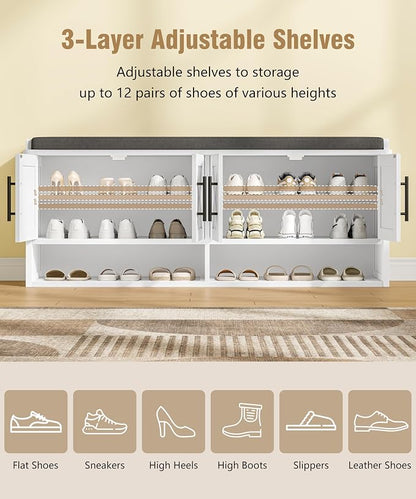 Farmhouse Shoe Storage Bench with Cushion, 47.2" Wide Entryway Bench with Adjustable Shelves and Open Bottom Shelf, Hidden Shoe Cabinet Storage for Entryway, Hallway, Bedroom White