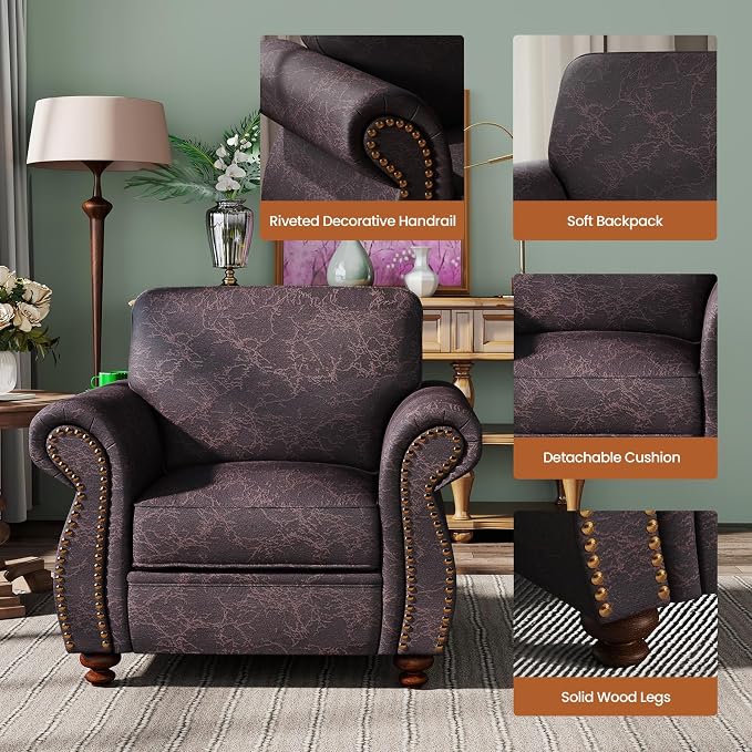 Couchus Vintage Accent Chair with Rivet Decoration, Traditional Upholstered Armchair, Living Room Chair, Rustic Single Sofa Chair for Bedroom, Reading Room & Office (Brown, Single)