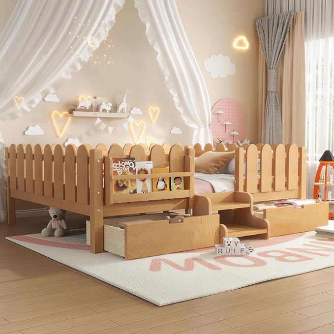 Bellemave Queen Size Montessori Bed with Stairs, Lights, Rails and Slats, Queen Size Montessori Floor Bed with Bookshelf and 2 Storage Drawers, Easy Assemble Beds Frame for Girls, Boys, Light Natural