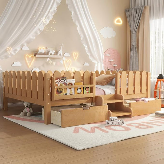 Bellemave Queen Size Montessori Bed with Stairs, Lights, Rails and Slats, Queen Size Montessori Floor Bed with Bookshelf and 2 Storage Drawers, Easy Assemble Beds Frame for Girls, Boys, Light Natural