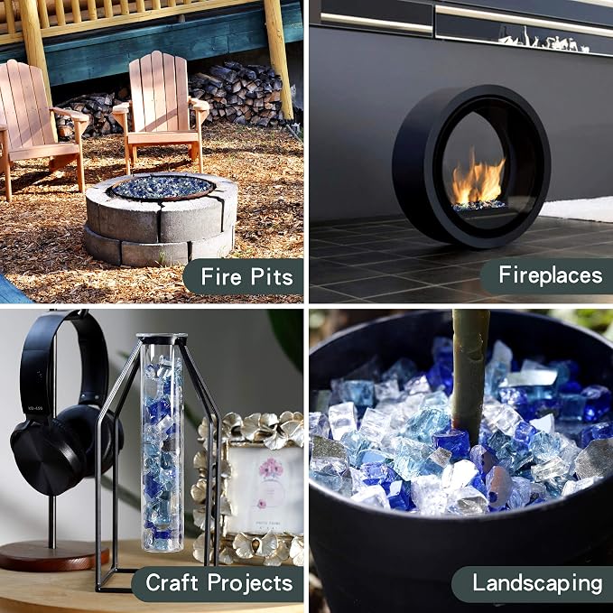 Onlyfire 10 Pounds Blended Reflective Fire Glass for Fire Pit Fireplace and Landscaping, 1/2 Inch Mixed Colored High Luster Fireglass Rocks for Outdoor and Indoor Use - Aqua Blue+Platinum+Cobalt Blue