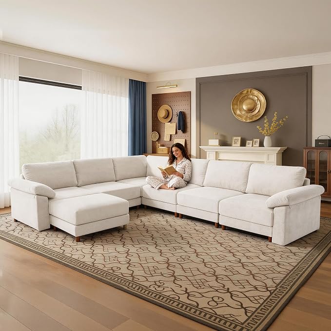 Oversized Modular Cloud Couch with Removable Washable Cover, L/V-Shaped Sectional for Large Living Room, Plush Chenille & Deep Seat（Beige）