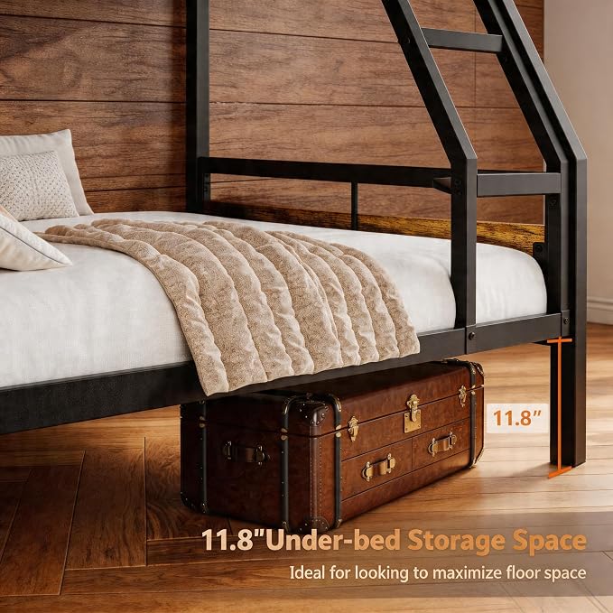 Einhomn Bunk Bed Twin Over Full, Heavy Duty Metal Bed with Ladder and Full-Length Guardrail, Large Under-Bed Storage Space, No Box Spring Needed, Noise Free, Rustic Brown