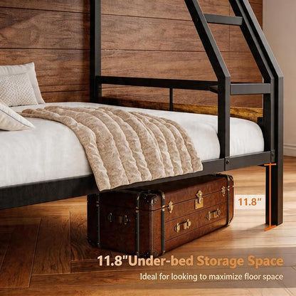 Einhomn Bunk Bed Twin Over Full, Heavy Duty Metal Bed with Ladder and Full-Length Guardrail, Large Under-Bed Storage Space, No Box Spring Needed, Noise Free, Rustic Brown